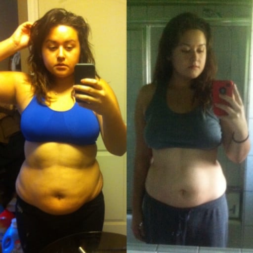 A before and after photo of a 5'7" female showing a weight reduction from 196 pounds to 170 pounds. A respectable loss of 26 pounds.