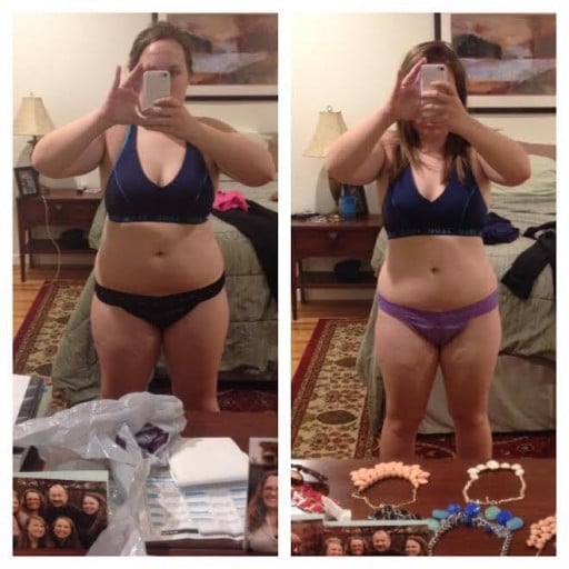 A progress pic of a 5'3" woman showing a fat loss from 179 pounds to 159 pounds. A total loss of 20 pounds.