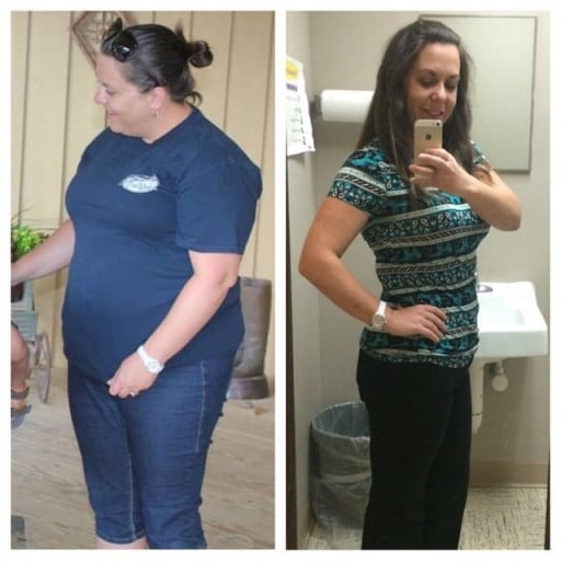 A picture of a 5'4" female showing a weight loss from 216 pounds to 150 pounds. A net loss of 66 pounds.
