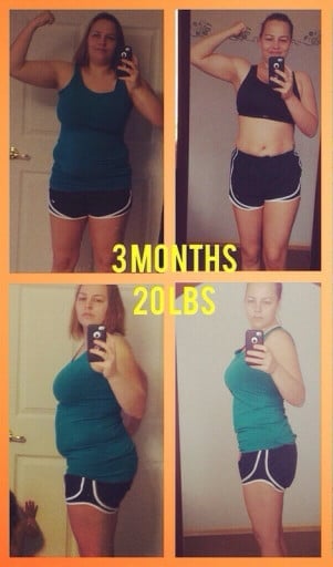 A progress pic of a 5'5" woman showing a fat loss from 220 pounds to 188 pounds. A respectable loss of 32 pounds.