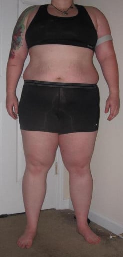 A progress pic of a 5'6" woman showing a snapshot of 232 pounds at a height of 5'6