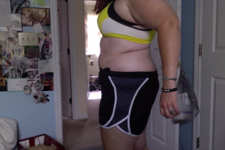 A photo of a 5'4" woman showing a snapshot of 218 pounds at a height of 5'4