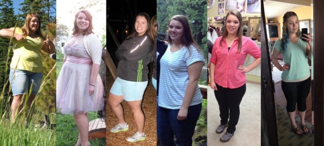 A progress pic of a 5'5" woman showing a fat loss from 260 pounds to 190 pounds. A respectable loss of 70 pounds.