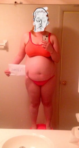 A photo of a 5'9" woman showing a snapshot of 228 pounds at a height of 5'9
