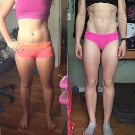 A progress pic of a 5'6" woman showing a fat loss from 166 pounds to 140 pounds. A net loss of 26 pounds.