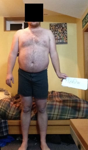 A before and after photo of a 5'9" male showing a snapshot of 225 pounds at a height of 5'9