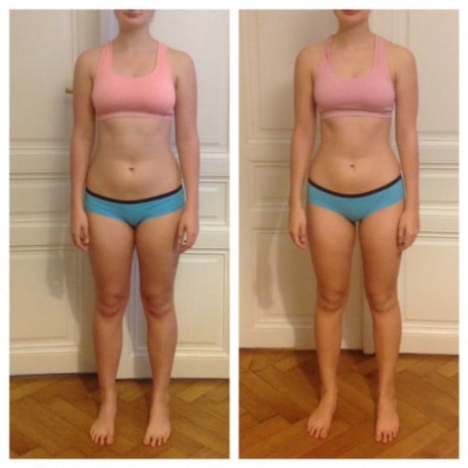 A before and after photo of a 5'9" female showing a weight loss from 158 pounds to 145 pounds. A respectable loss of 13 pounds.