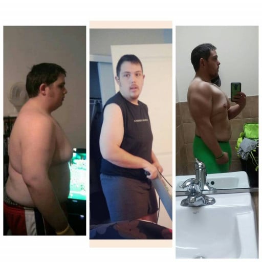 A picture of a 5'10" male showing a weight loss from 320 pounds to 230 pounds. A net loss of 90 pounds.