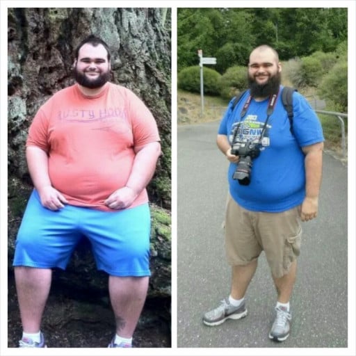 A before and after photo of a 5'11" male showing a weight reduction from 428 pounds to 344 pounds. A respectable loss of 84 pounds.