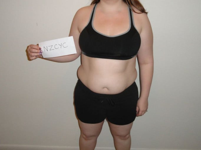 A before and after photo of a 5'1" female showing a snapshot of 168 pounds at a height of 5'1