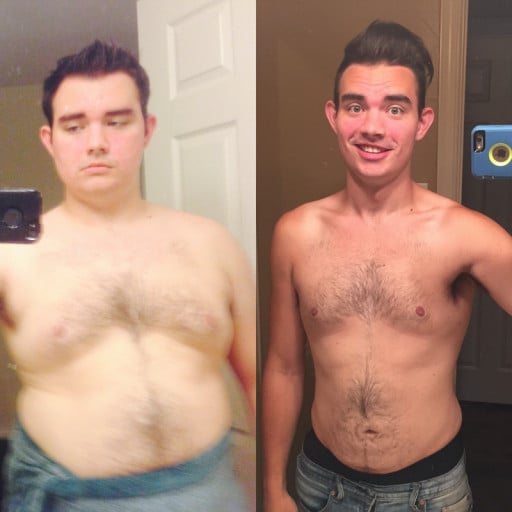 A progress pic of a 5'7" man showing a weight reduction from 225 pounds to 155 pounds. A respectable loss of 70 pounds.
