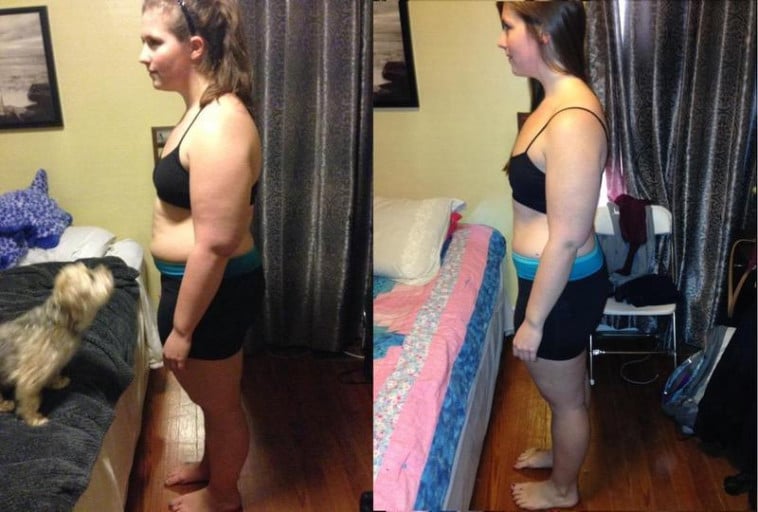 A progress pic of a 5'8" woman showing a weight cut from 250 pounds to 200 pounds. A total loss of 50 pounds.