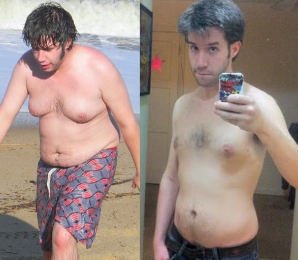 A before and after photo of a 5'9" male showing a weight cut from 200 pounds to 145 pounds. A net loss of 55 pounds.