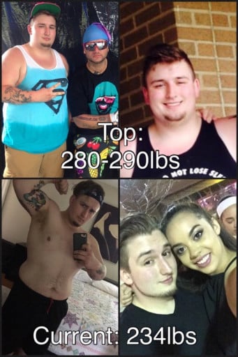 A progress pic of a 5'8" man showing a fat loss from 285 pounds to 235 pounds. A respectable loss of 50 pounds.