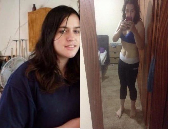 A before and after photo of a 5'6" female showing a weight reduction from 225 pounds to 153 pounds. A total loss of 72 pounds.