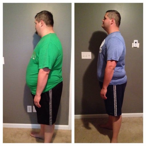 A before and after photo of a 6'1" male showing a weight reduction from 340 pounds to 307 pounds. A net loss of 33 pounds.