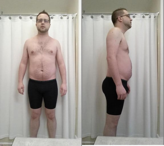 A before and after photo of a 5'9" male showing a weight cut from 190 pounds to 155 pounds. A total loss of 35 pounds.
