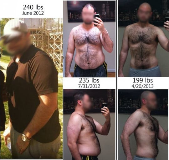 A progress pic of a 5'11" man showing a weight reduction from 240 pounds to 199 pounds. A net loss of 41 pounds.