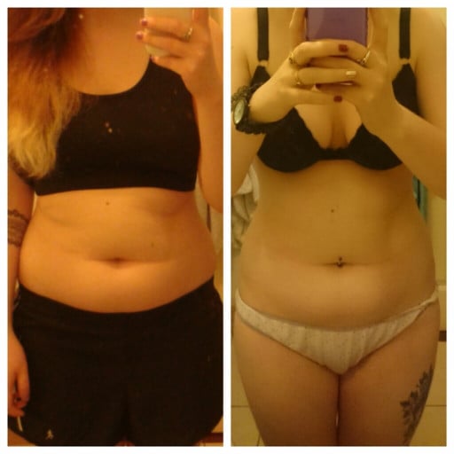A progress pic of a 5'3" woman showing a fat loss from 147 pounds to 123 pounds. A net loss of 24 pounds.