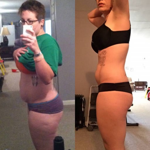 A before and after photo of a 5'6" female showing a weight cut from 209 pounds to 159 pounds. A respectable loss of 50 pounds.