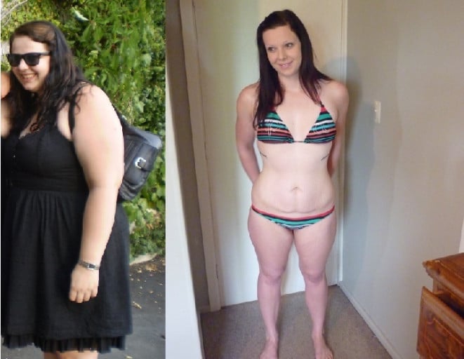 A before and after photo of a 5'9" female showing a weight reduction from 262 pounds to 178 pounds. A respectable loss of 84 pounds.