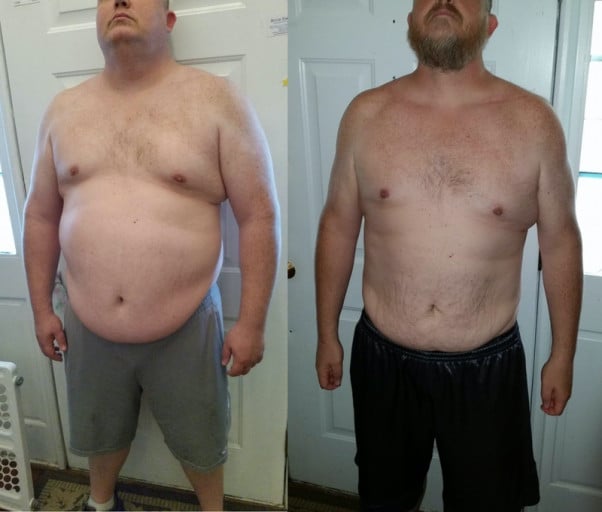 A photo of a 6'1" man showing a weight reduction from 340 pounds to 260 pounds. A total loss of 80 pounds.