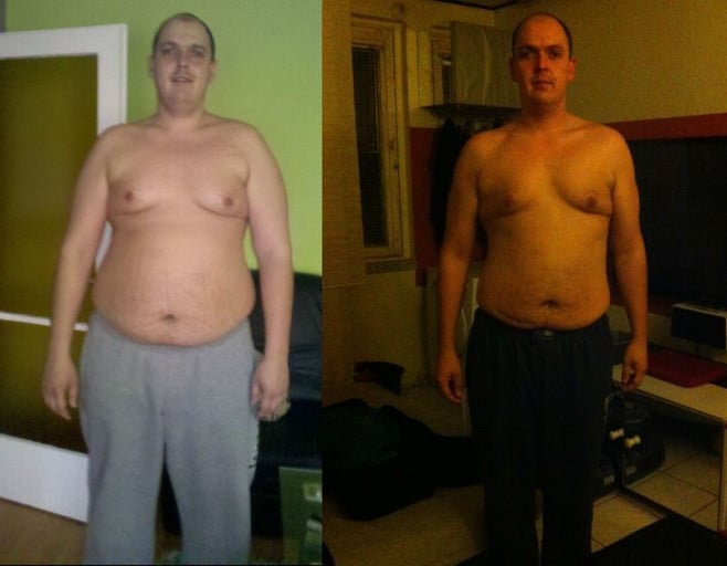 A progress pic of a 6'5" man showing a fat loss from 352 pounds to 250 pounds. A total loss of 102 pounds.