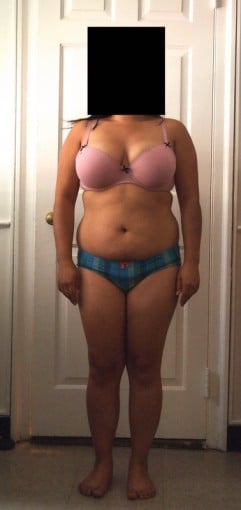 A progress pic of a 5'0" woman showing a snapshot of 141 pounds at a height of 5'0