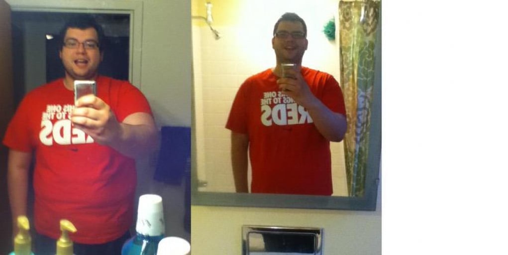 A picture of a 6'0" male showing a fat loss from 340 pounds to 290 pounds. A net loss of 50 pounds.