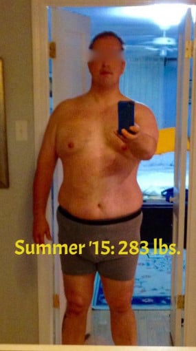 A before and after photo of a 6'2" male showing a fat loss from 281 pounds to 242 pounds. A total loss of 39 pounds.