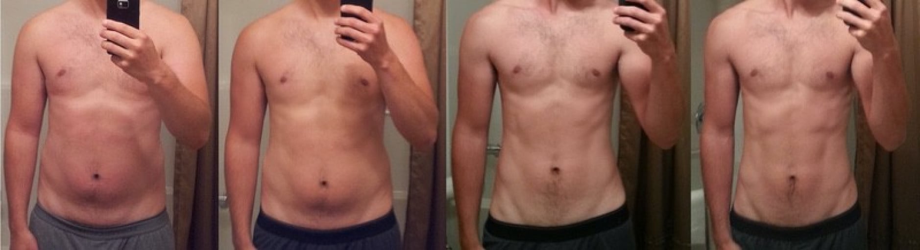 A progress pic of a 5'9" man showing a fat loss from 171 pounds to 141 pounds. A net loss of 30 pounds.