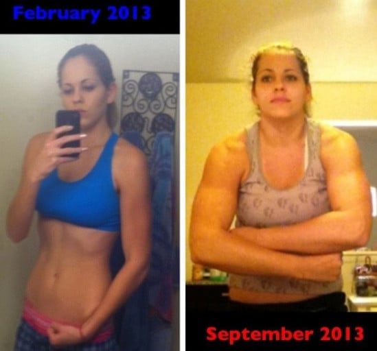 A progress pic of a 5'8" woman showing a weight gain from 107 pounds to 144 pounds. A total gain of 37 pounds.