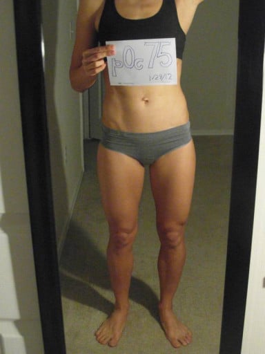 A photo of a 5'7" woman showing a snapshot of 132 pounds at a height of 5'7