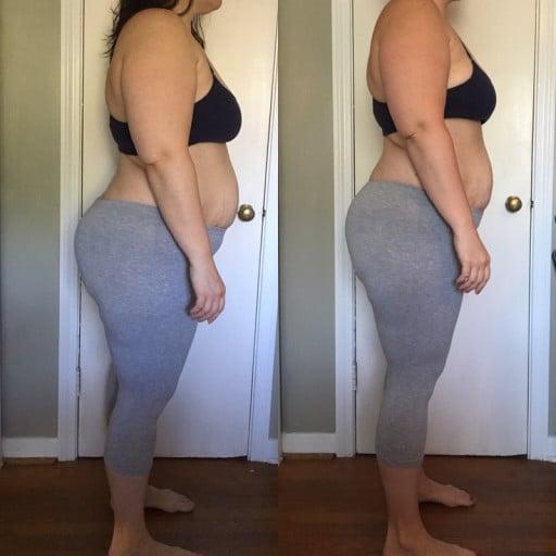 A progress pic of a 5'8" woman showing a fat loss from 250 pounds to 225 pounds. A net loss of 25 pounds.