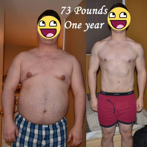 A photo of a 5'6" man showing a weight cut from 245 pounds to 172 pounds. A net loss of 73 pounds.
