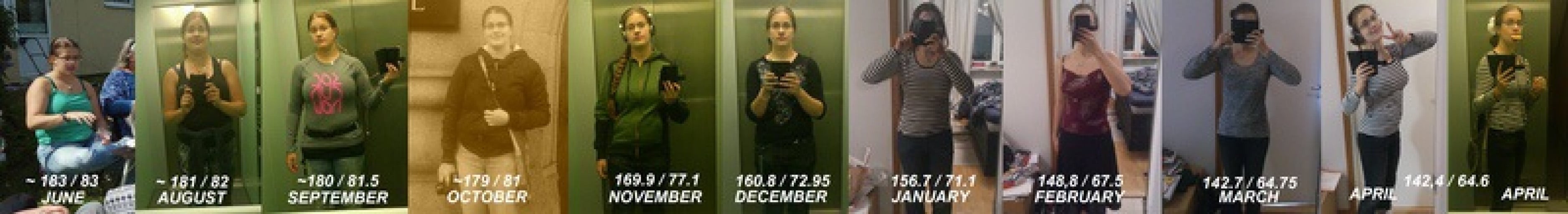 A photo of a 5'7" woman showing a weight cut from 183 pounds to 142 pounds. A respectable loss of 41 pounds.