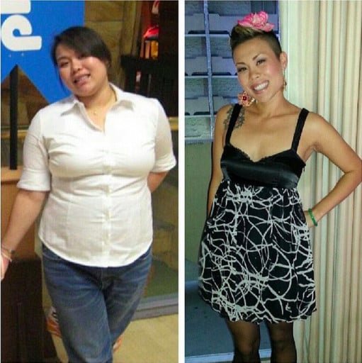 A photo of a 5'5" woman showing a weight cut from 190 pounds to 130 pounds. A total loss of 60 pounds.