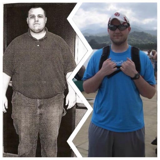 A photo of a 6'3" man showing a weight cut from 450 pounds to 260 pounds. A net loss of 190 pounds.