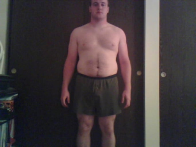A before and after photo of a 5'10" male showing a snapshot of 227 pounds at a height of 5'10