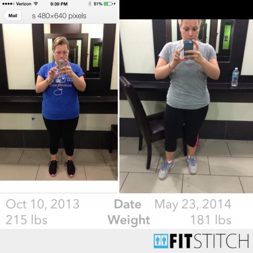 A before and after photo of a 5'2" female showing a weight reduction from 215 pounds to 180 pounds. A net loss of 35 pounds.