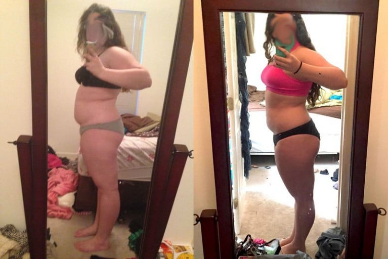 A picture of a 5'5" female showing a fat loss from 225 pounds to 210 pounds. A net loss of 15 pounds.