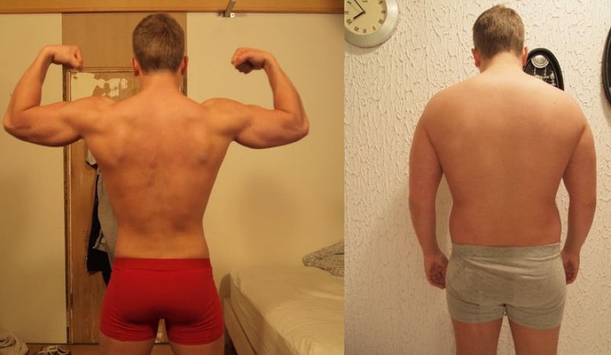 A before and after photo of a 5'10" male showing a weight cut from 214 pounds to 174 pounds. A net loss of 40 pounds.