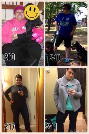 A photo of a 5'4" woman showing a weight cut from 260 pounds to 211 pounds. A total loss of 49 pounds.