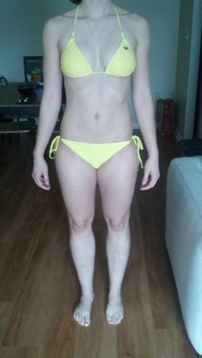 A before and after photo of a 5'7" female showing a snapshot of 143 pounds at a height of 5'7