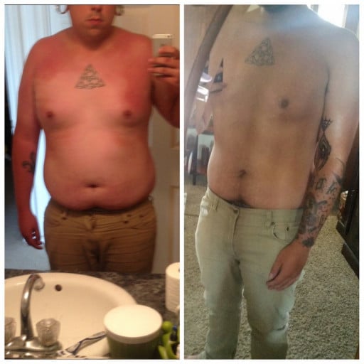 A picture of a 5'11" male showing a weight loss from 260 pounds to 208 pounds. A total loss of 52 pounds.