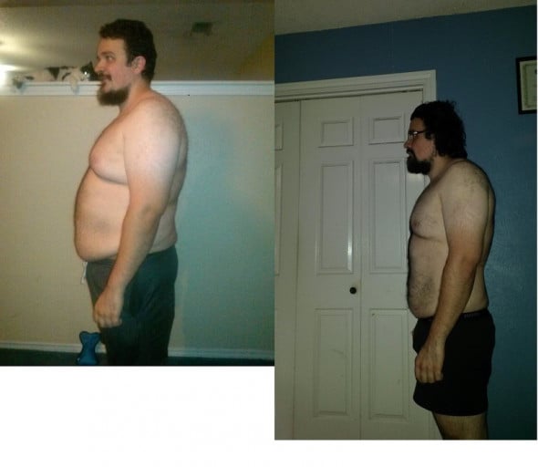 A progress pic of a 5'9" man showing a weight cut from 282 pounds to 220 pounds. A net loss of 62 pounds.