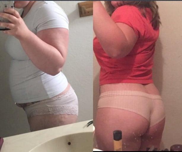 A before and after photo of a 5'4" female showing a weight reduction from 220 pounds to 194 pounds. A net loss of 26 pounds.