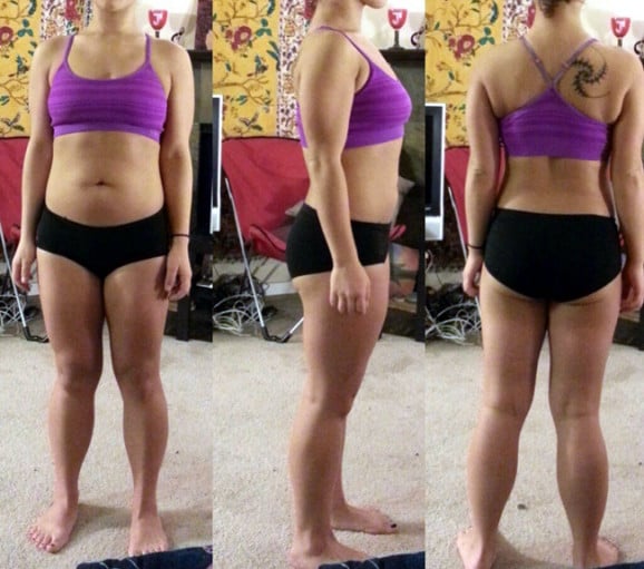 A before and after photo of a 5'2" female showing a weight loss from 160 pounds to 120 pounds. A respectable loss of 40 pounds.