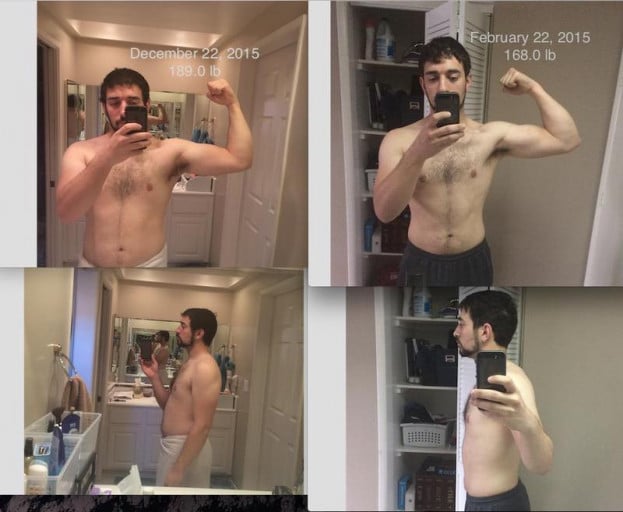 A before and after photo of a 5'10" male showing a weight reduction from 189 pounds to 169 pounds. A total loss of 20 pounds.