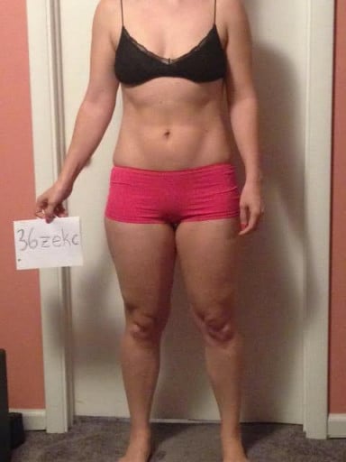 A before and after photo of a 5'4" female showing a snapshot of 145 pounds at a height of 5'4